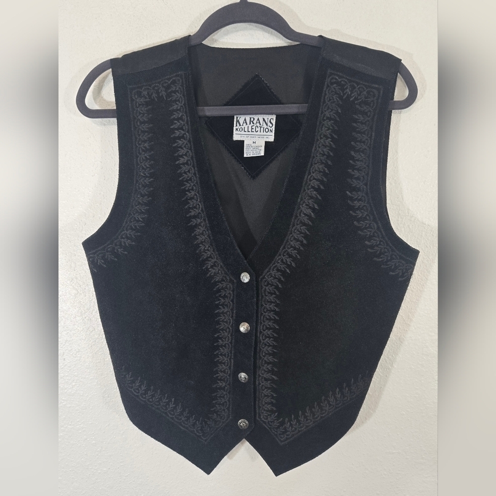 Vintage Men's Leather Embroidered Black Vest Snap Closure Western Biker, size M